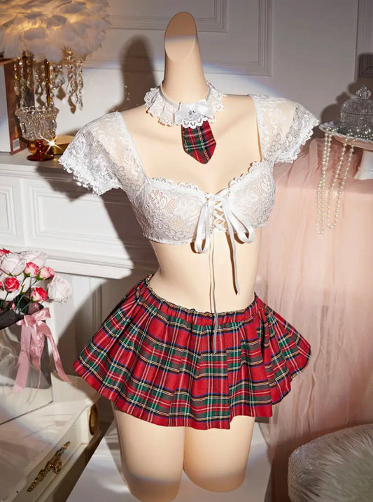 Women's Uniform Sexy Lingerie, Sexy Lace Role Playing Student Uniform Plaid Skirt Four Piece Set