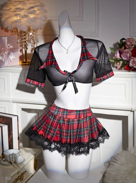 3pcs Women's Plaid Role-Play Costume Set - Sheer Mesh & Lace Detail, High-Support Thong with Bow Accent, Polyester & Spandex Blend, Ideal for Cosplay & Themed Parties