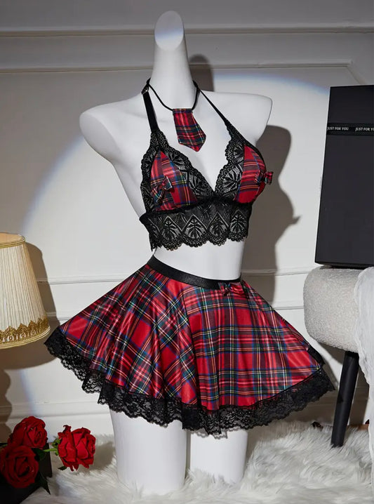 Women's Uniform Lingerie, Plaid Cloth Tie Lace Set Four-piece Set