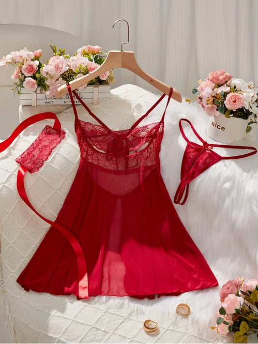 Sheer Beauty| Elegant Red Lace Babydoll Dress & Thong Set with Matching Eye Mask - Sheer Polyester, Hand-Washable Lingerie for Women, Lingerie Set