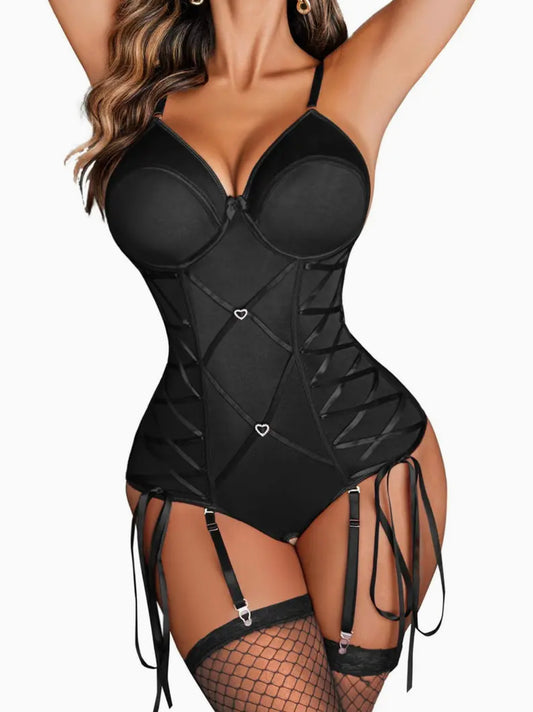 1pc Women'S Sexy Corset Bodysuit with Garter Belt - Polyester Knit Fabric, Solid Color, Tummy Control Teddy Lingerie Set, Boudoir Outfit with Fake Drawstring Detail - Adult