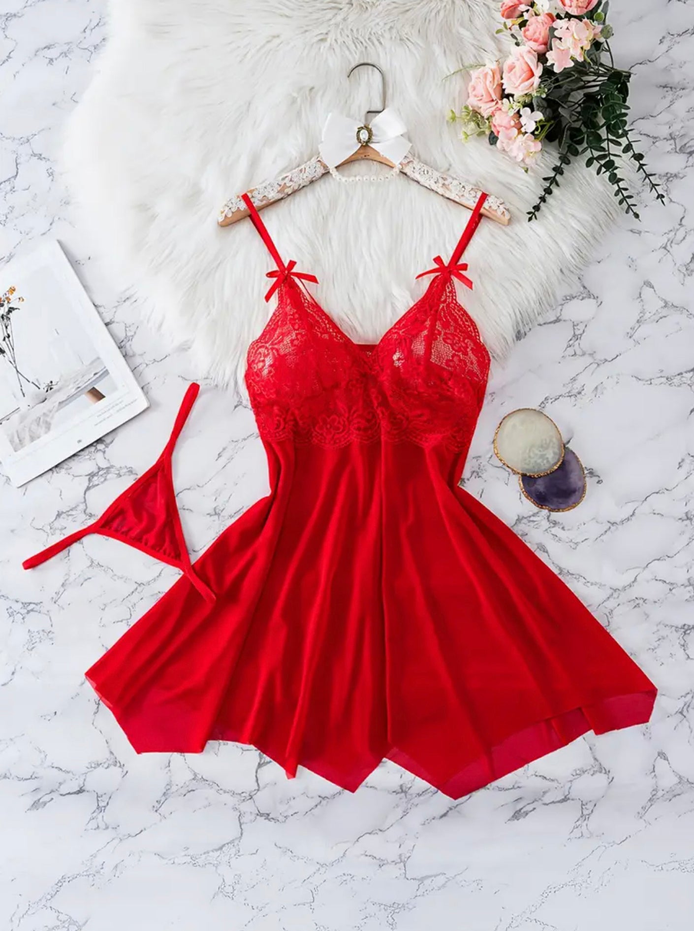 1 Set Women'S Sexy Lace Lingerie Nightdress - Red Bow Detail Polyester Knit Fabric Sleepwear, Adult Sensual Chemise with Matching G-String, No Chest Pad