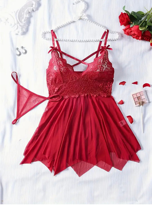 Two-piece Set of Lace Thin Strap Nightgown and Sexy Pajamas