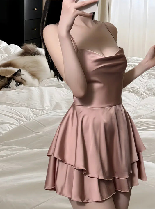 Elegant Style, Elegant Pink Satin Slip Nightgown for Women - Chic French-Inspired, Slimming Waist-Cinching Design with Ruffle Detail, Off-Shoulder Sweetheart Neckline, Luxurious Home Wear