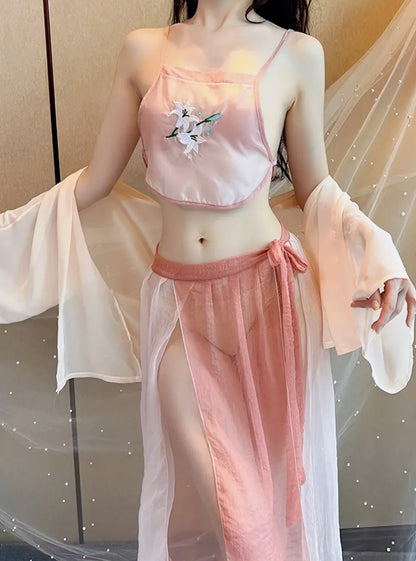 Traditional Chinese Style Costume Set Featuring a Sheer Chiffon Top, Belly Band, Long Skirt, And Underwear for Performances