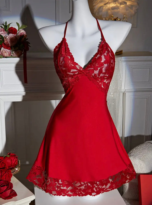 Elegant Red Lace-Trimmed V-Neck Nightgown - Breathable & Soft Polyester, Floral Pattern, Sleeveless Sleepwear for All Seasons - Ideal Gift for Wife or Girlfriend on Christmas, Wedding Anniversary, Birthday & Valentine's