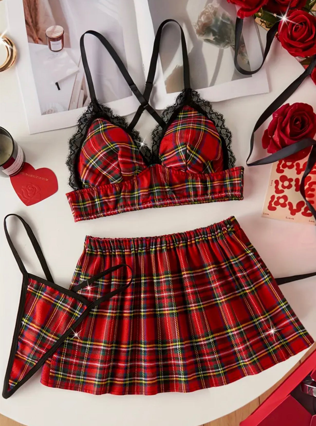 3pcs Valentine's Day Lace College Role-playing Uniform Set with Plaid Bra, Thong and Skirt, Women's Lingerie Set