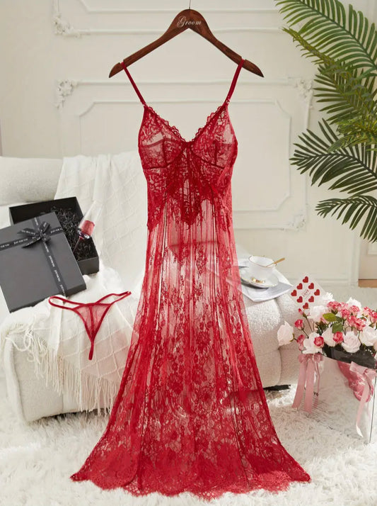 2pcs Luxurious Soft Lace Fabric, Red Transparent Nightgown Set Perfect for All Seasons And Most Occasions, Wife, Girlfriend, Wedding Anniversary Birthday& Valentine'S Gift Sleepwear Sexy Lingerie