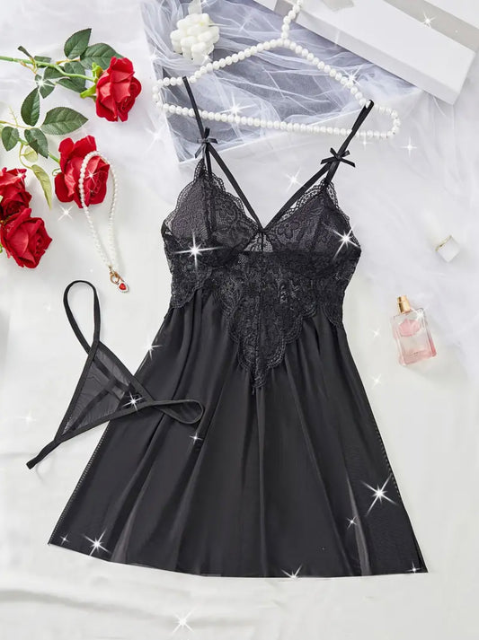 Women's Sexy Slit Nightgown Set, Lace Detail, Knit Fabric, Solid Color, Polyester, Adult Sleepwear