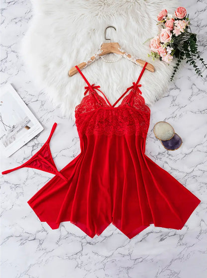 1 Set Women'S Sexy Lace Lingerie Nightdress - Red Bow Detail Polyester Knit Fabric Sleepwear, Adult Sensual Chemise with Matching G-String, No Chest Pad