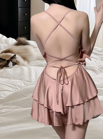 Elegant Style, Elegant Pink Satin Slip Nightgown for Women - Chic French-Inspired, Slimming Waist-Cinching Design with Ruffle Detail, Off-Shoulder Sweetheart Neckline, Luxurious Home Wear