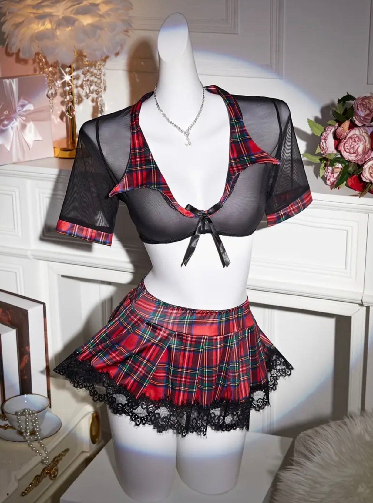 3pcs Women's Plaid Role-Play Costume Set - Sheer Mesh & Lace Detail, High-Support Thong with Bow Accent, Polyester & Spandex Blend, Ideal for Cosplay & Themed Parties