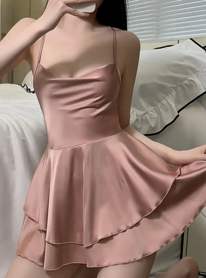 Elegant Style, Elegant Pink Satin Slip Nightgown for Women - Chic French-Inspired, Slimming Waist-Cinching Design with Ruffle Detail, Off-Shoulder Sweetheart Neckline, Luxurious Home Wear