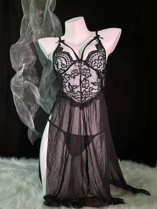 Sexy Lace Mesh Babydoll Dress with Sheer Thong - Sleek Spaghetti Strap Design, Women's Seductive Lingerie Set