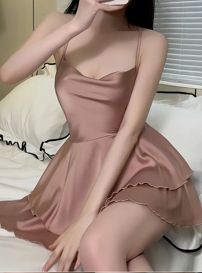 Elegant Style, Elegant Pink Satin Slip Nightgown for Women - Chic French-Inspired, Slimming Waist-Cinching Design with Ruffle Detail, Off-Shoulder Sweetheart Neckline, Luxurious Home Wear