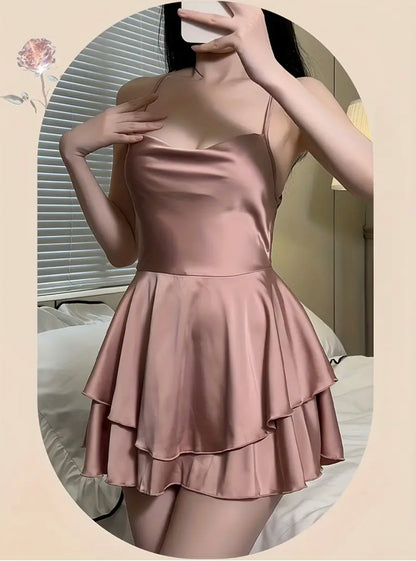 Elegant Style, Elegant Pink Satin Slip Nightgown for Women - Chic French-Inspired, Slimming Waist-Cinching Design with Ruffle Detail, Off-Shoulder Sweetheart Neckline, Luxurious Home Wear