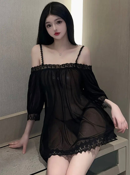 Sexy Lace-Trimmed Sheer Mesh Pajama Set for Women - Loose Fit Cami Top & Thong, Breathable Polyester Sleepwear