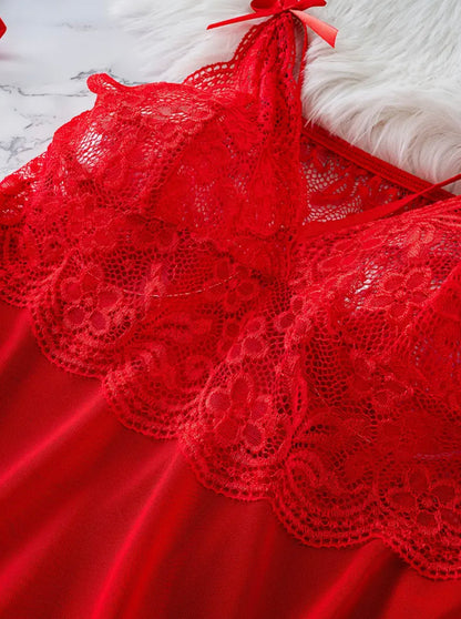 1 Set Women'S Sexy Lace Lingerie Nightdress - Red Bow Detail Polyester Knit Fabric Sleepwear, Adult Sensual Chemise with Matching G-String, No Chest Pad