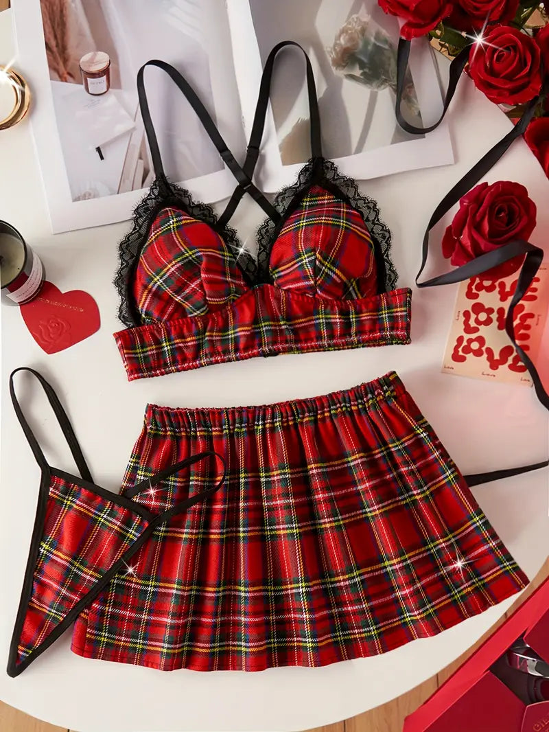 3pcs Valentine's Day Lace College Role-playing Uniform Set with Plaid Bra, Thong and Skirt, Women's Lingerie Set